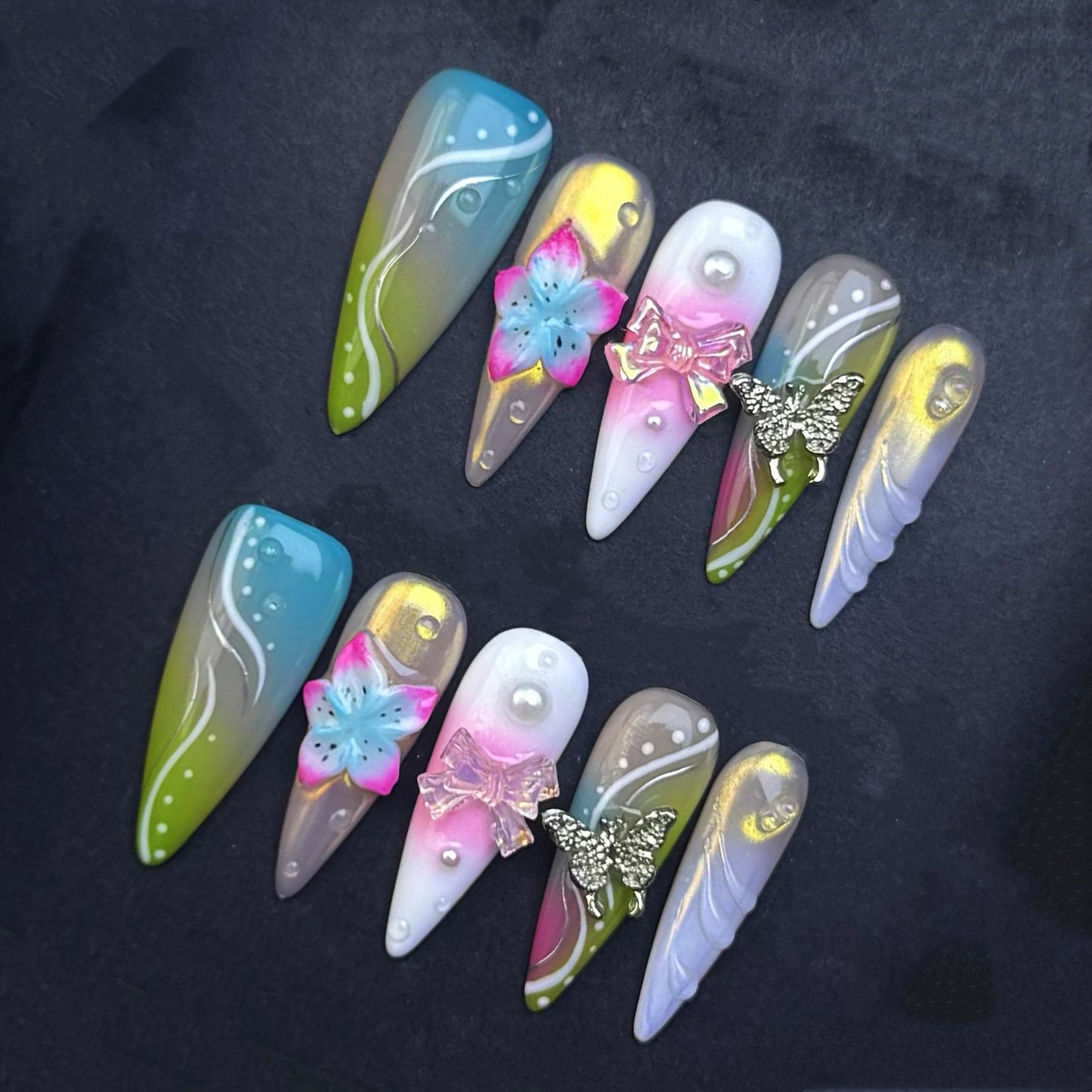 Fairy Butterfly Bow Press-On Nails | Aqua Green Ombre Floral Almond False Nails | Iridescent Luxury Manicure