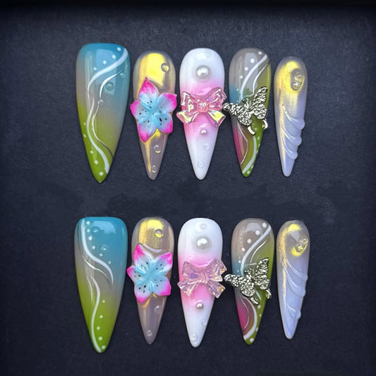 Fairy Butterfly Bow Press-On Nails | Aqua Green Ombre Floral Almond False Nails | Iridescent Luxury Manicure