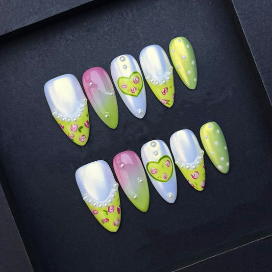 Sweetheart Rose Press-On Nails | Pink Green Ombre Heart Almond False Nails | Cottagecore Floral Manicure