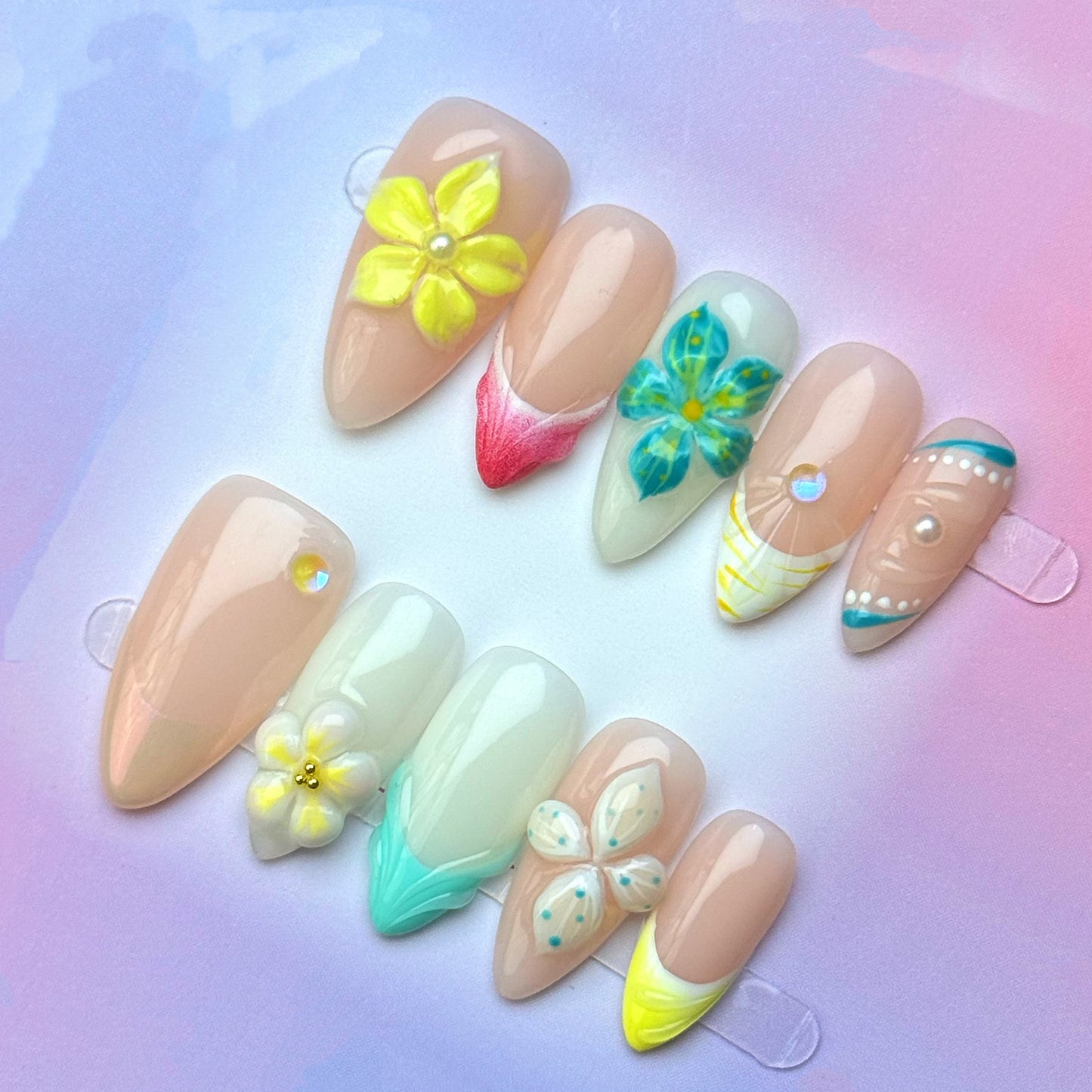 Coastal Blossom Seashell Press-On Nails | Blue Yellow Floral Almond False Nails | Beach Elegance Manicure