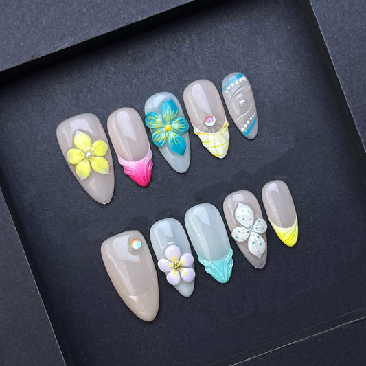 Coastal Blossom Seashell Press-On Nails | Blue Yellow Floral Almond False Nails | Beach Elegance Manicure