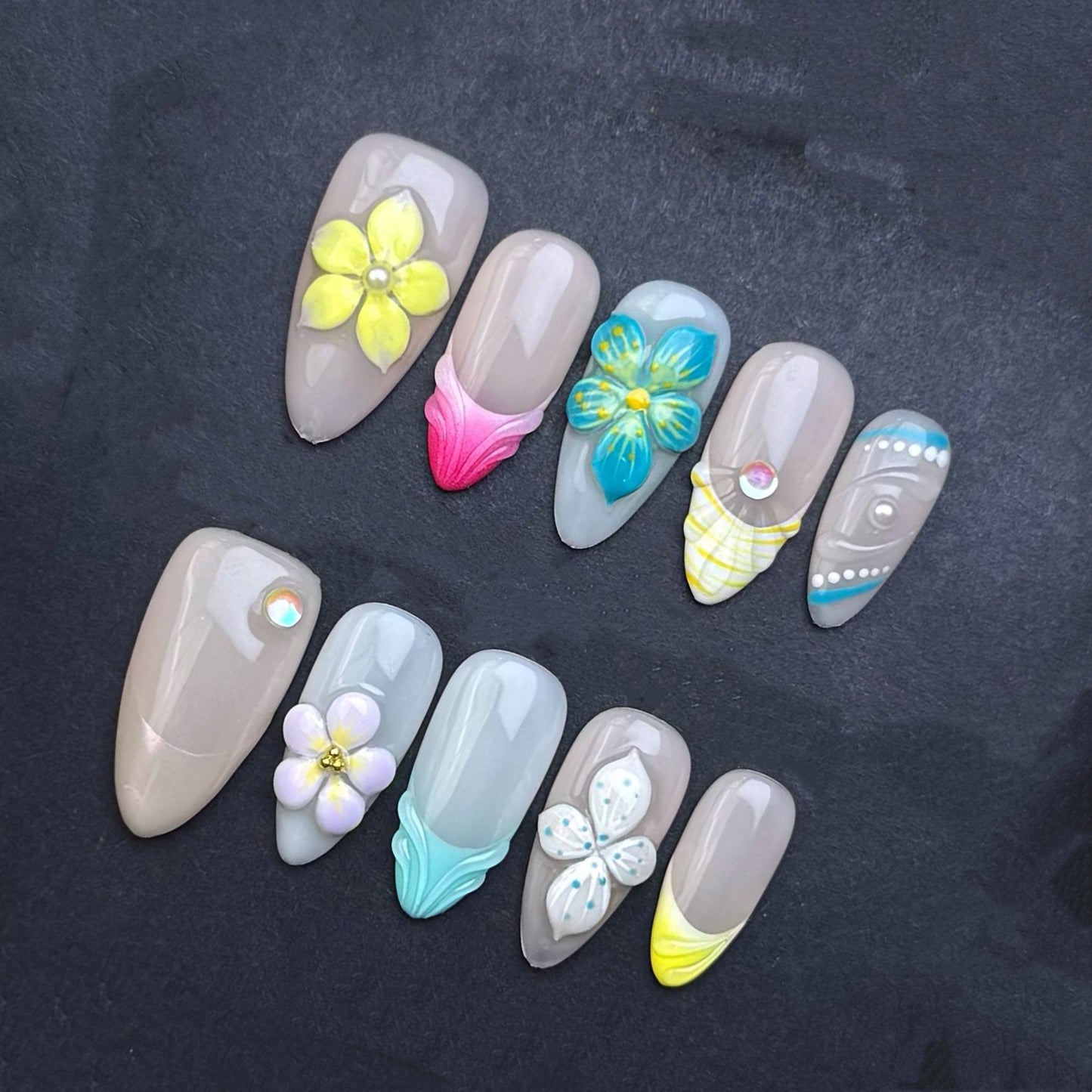 Coastal Blossom Seashell Press-On Nails | Blue Yellow Floral Almond False Nails | Beach Elegance Manicure