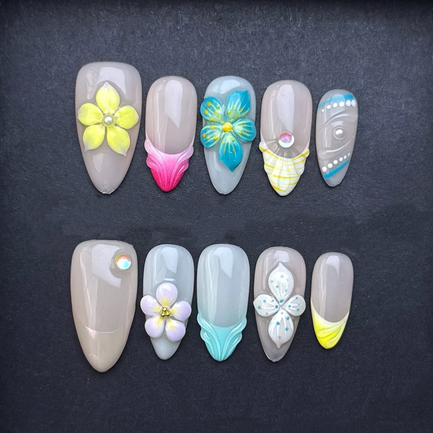 Coastal Blossom Seashell Press-On Nails | Blue Yellow Floral Almond False Nails | Beach Elegance Manicure