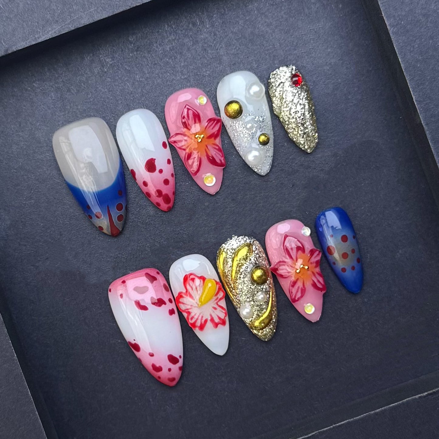 RoyalRoyal Blue Lily Press-On Nails | Pink Floral Silver Glitter Almond False Nails | Luxury Glam Manicure