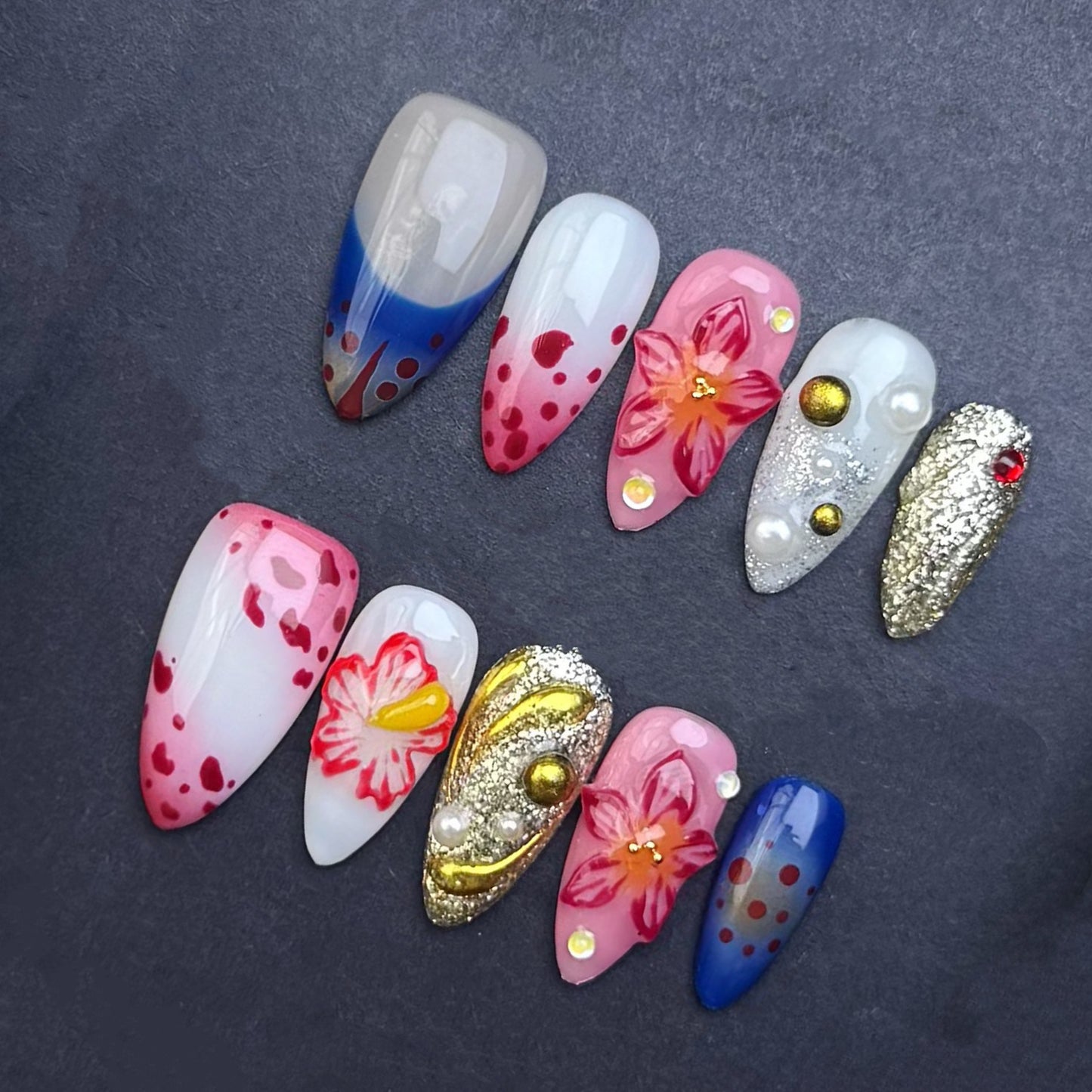 RoyalRoyal Blue Lily Press-On Nails | Pink Floral Silver Glitter Almond False Nails | Luxury Glam Manicure