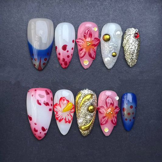 RoyalRoyal Blue Lily Press-On Nails | Pink Floral Silver Glitter Almond False Nails | Luxury Glam Manicure