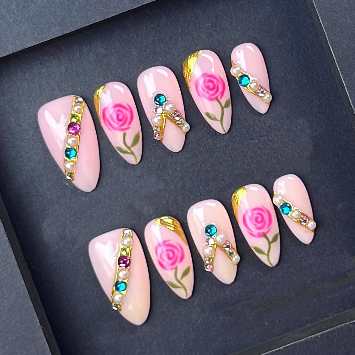Pink Rose Pearl & Rhinestone Press-On Nails | Gold Floral Nails