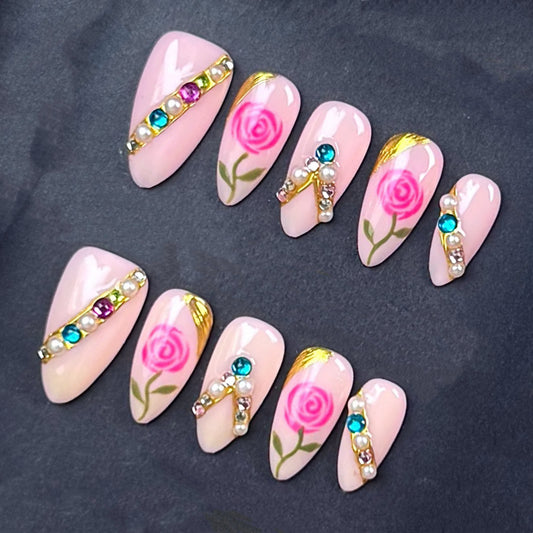 Pink Rose Pearl & Rhinestone Press-On Nails | Gold Floral Nails