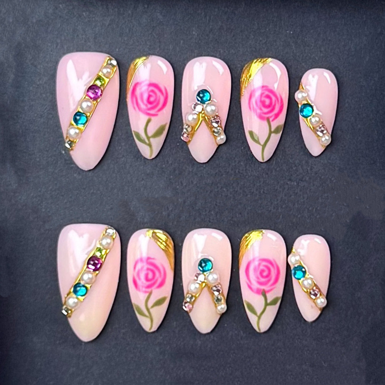 Pink Rose Pearl & Rhinestone Press-On Nails | Gold Floral Nails