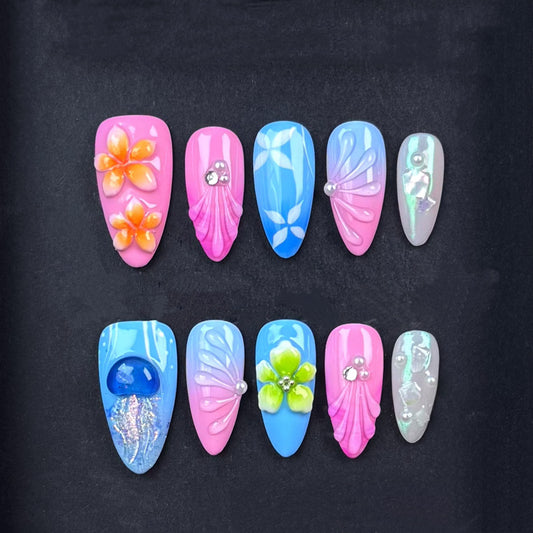 Tropical Sunset Bloom Press-On Nails | Pink Blue Floral Nails | 3D Flower Nails | Jellyfish Inspired Nail Art | Handmade Summer Press-On Nails
