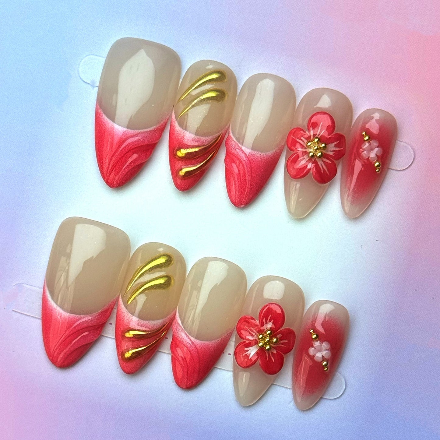 Pink Blossom French Tip Press-On Nails | Gold Chrome Floral Almond False Nails | Elegant Luxury Manicure