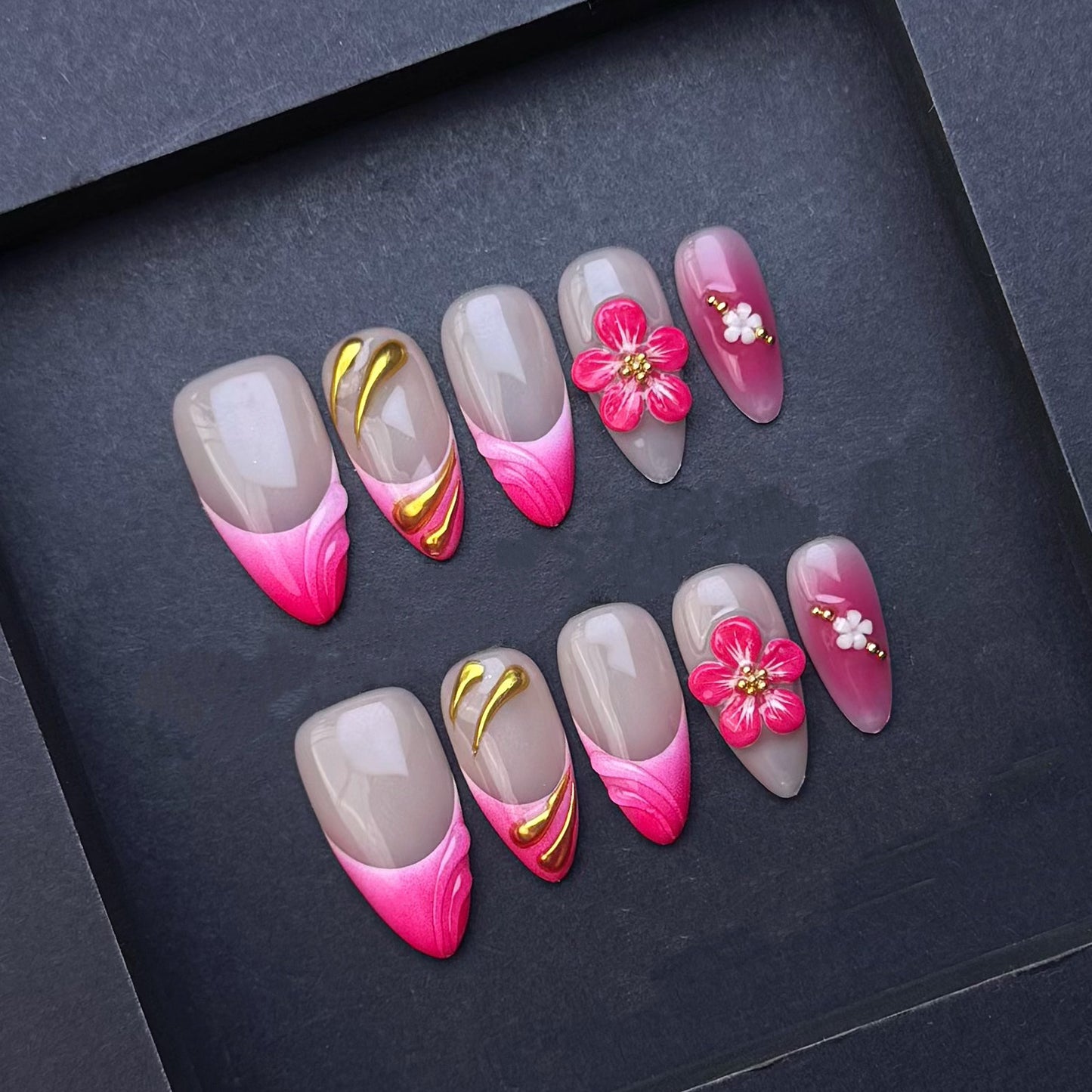 Pink Blossom French Tip Press-On Nails | Gold Chrome Floral Almond False Nails | Elegant Luxury Manicure