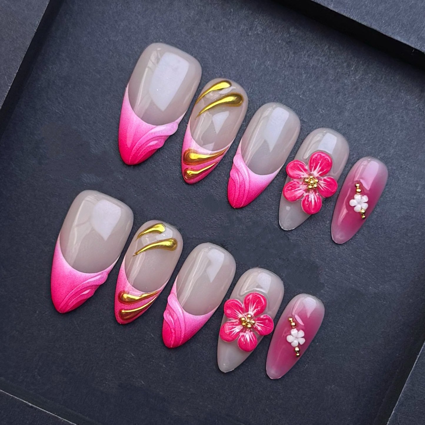 Pink Blossom French Tip Press-On Nails | Gold Chrome Floral Almond False Nails | Elegant Luxury Manicure