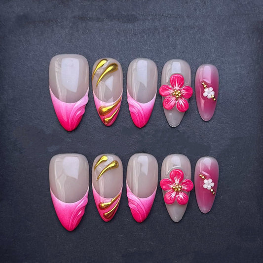 Pink Blossom French Tip Press-On Nails | Gold Chrome Floral Almond False Nails | Elegant Luxury Manicure