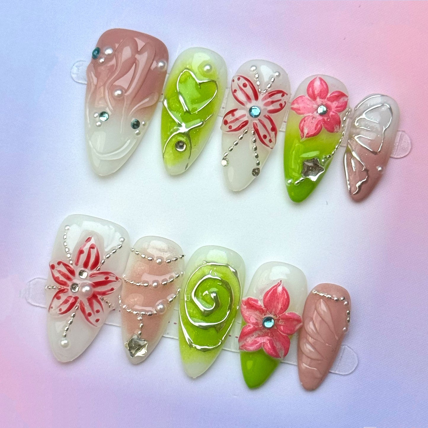 Lime Blossom Butterfly Press-On Nails | Pink Flower Green Ombre Almond False Nails | 3D Spring Garden Manicure