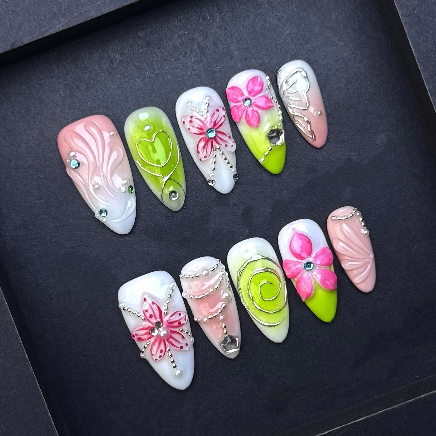 Lime Blossom Butterfly Press-On Nails | Pink Flower Green Ombre Almond False Nails | 3D Spring Garden Manicure
