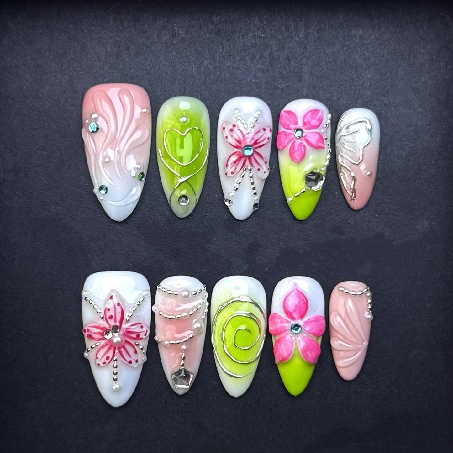Lime Blossom Butterfly Press-On Nails | Pink Flower Green Ombre Almond False Nails | 3D Spring Garden Manicure