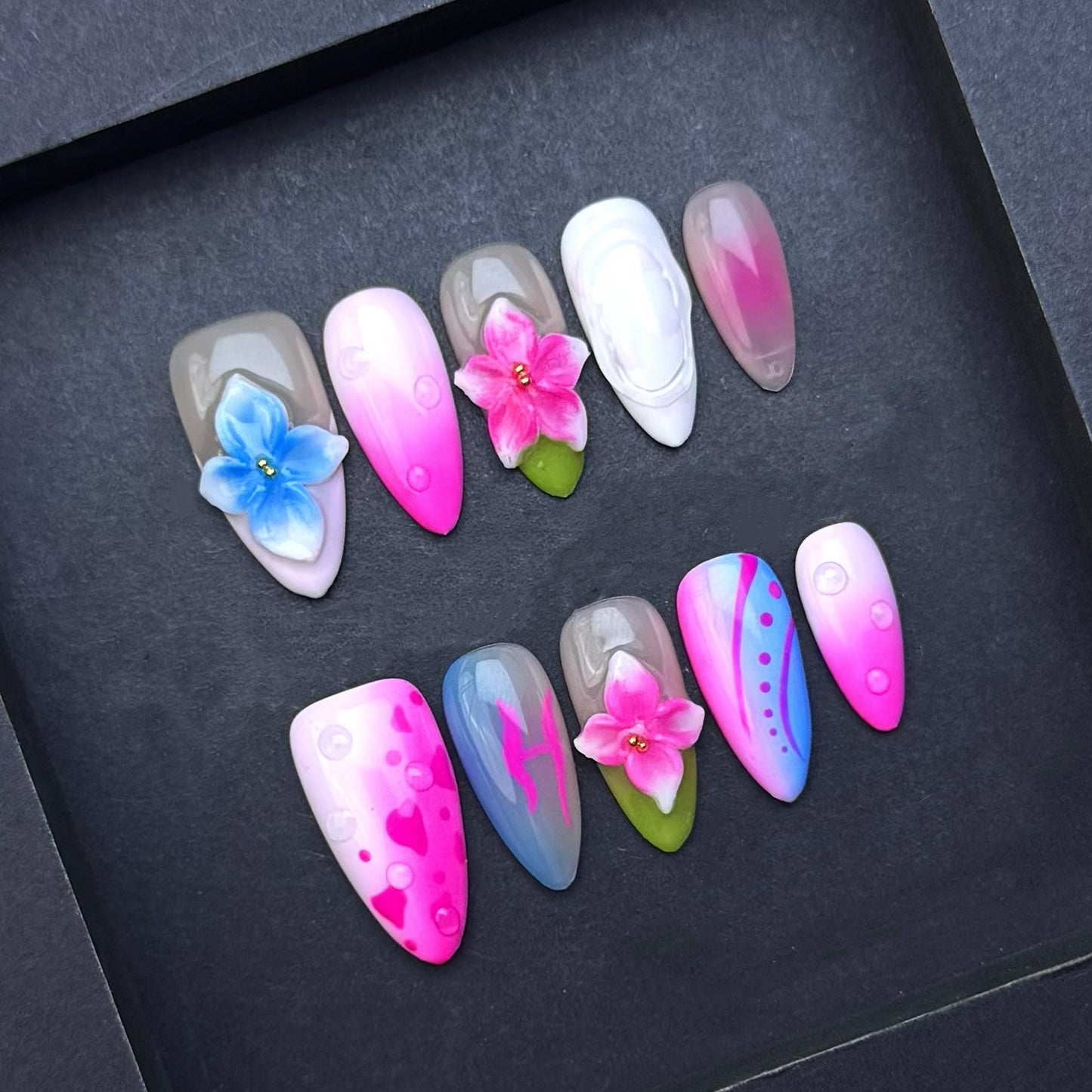 Pink & Blue Blossom Press-On Nails | Floral Pink Ombre Almond False Nails | Barbie-Inspired Spring Manicure