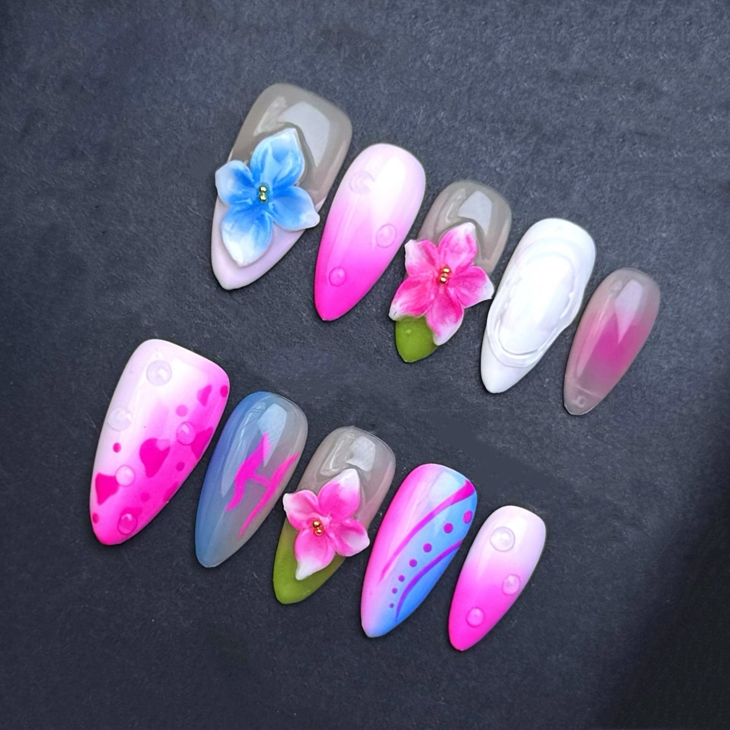Pink & Blue Blossom Press-On Nails | Floral Pink Ombre Almond False Nails | Barbie-Inspired Spring Manicure