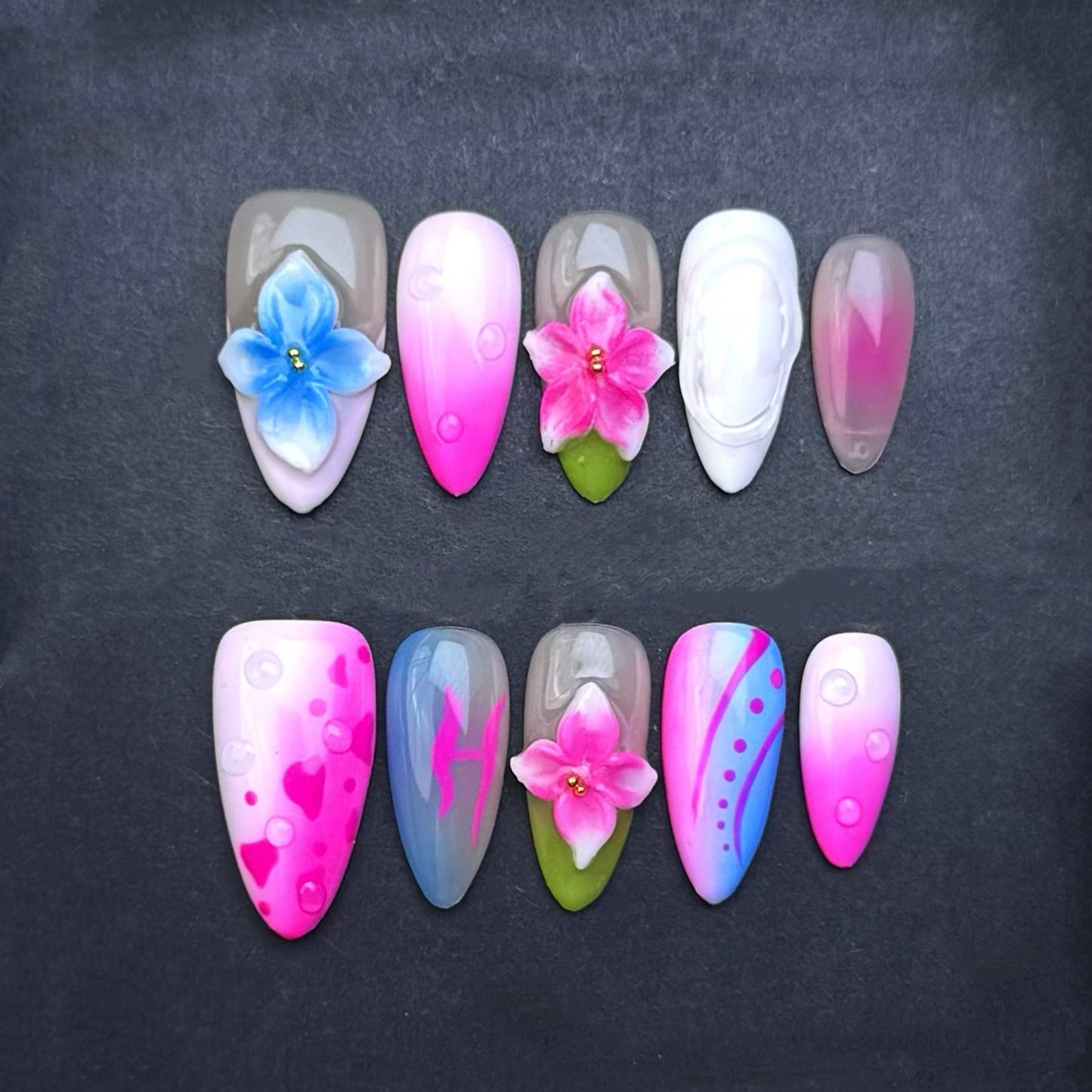 Pink & Blue Blossom Press-On Nails | Floral Pink Ombre Almond False Nails | Barbie-Inspired Spring Manicure
