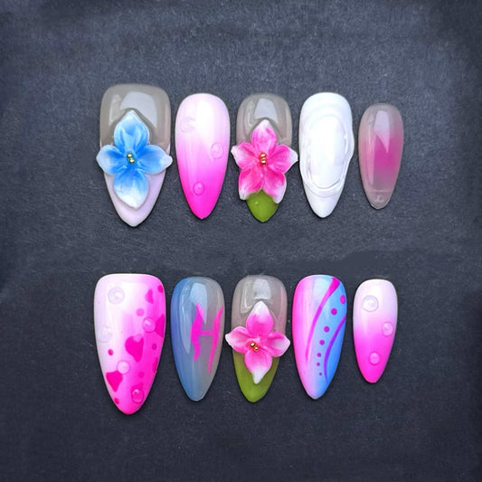 Pink & Blue Blossom Press-On Nails | Floral Pink Ombre Almond False Nails | Barbie-Inspired Spring Manicure