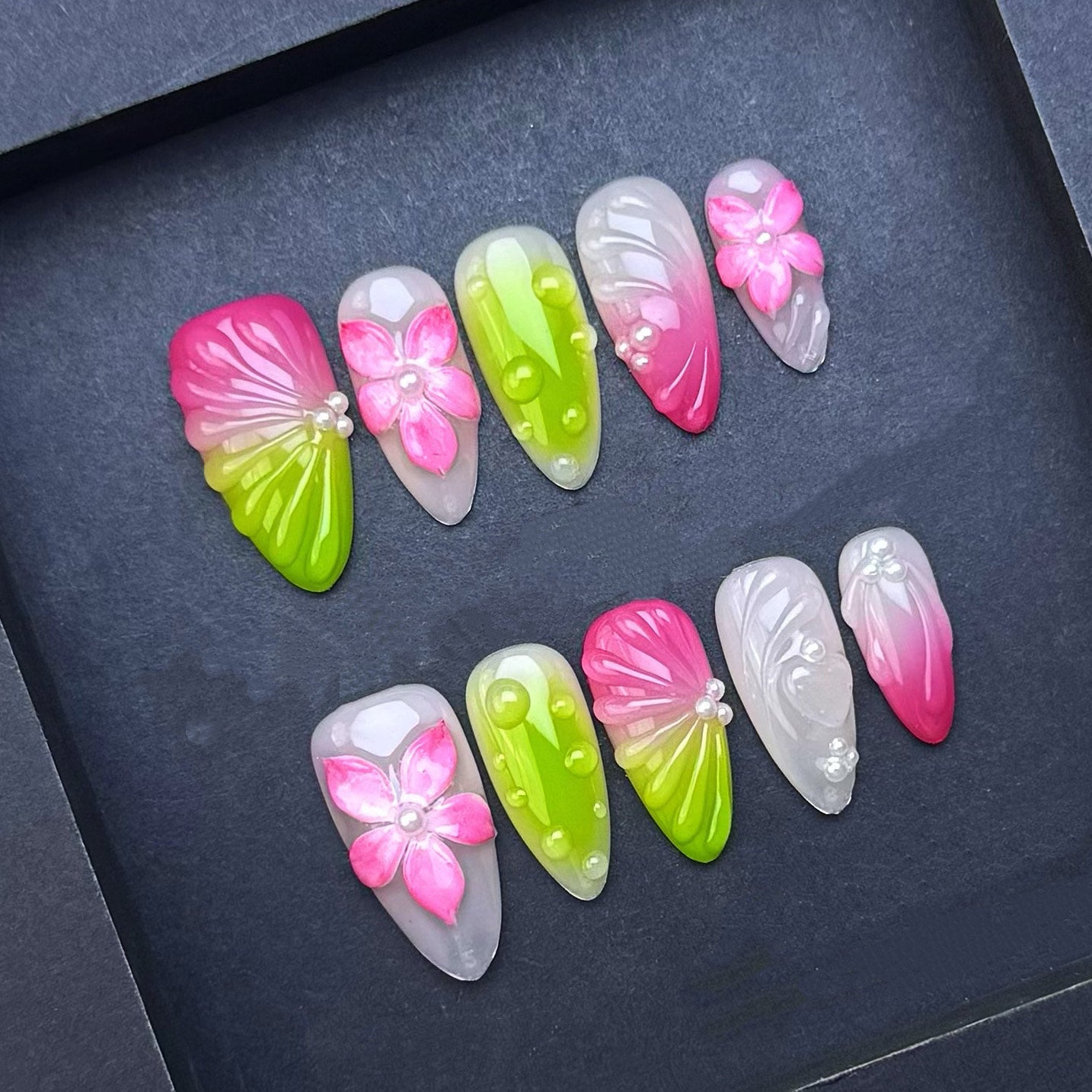 Pink Lime Blossom Press-On Nails | Pink & Green Ombre Almond False Nails | Pearl Floral Spring Manicure