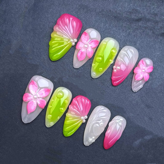 Pink Lime Blossom Press-On Nails | Pink & Green Ombre Almond False Nails | Pearl Floral Spring Manicure