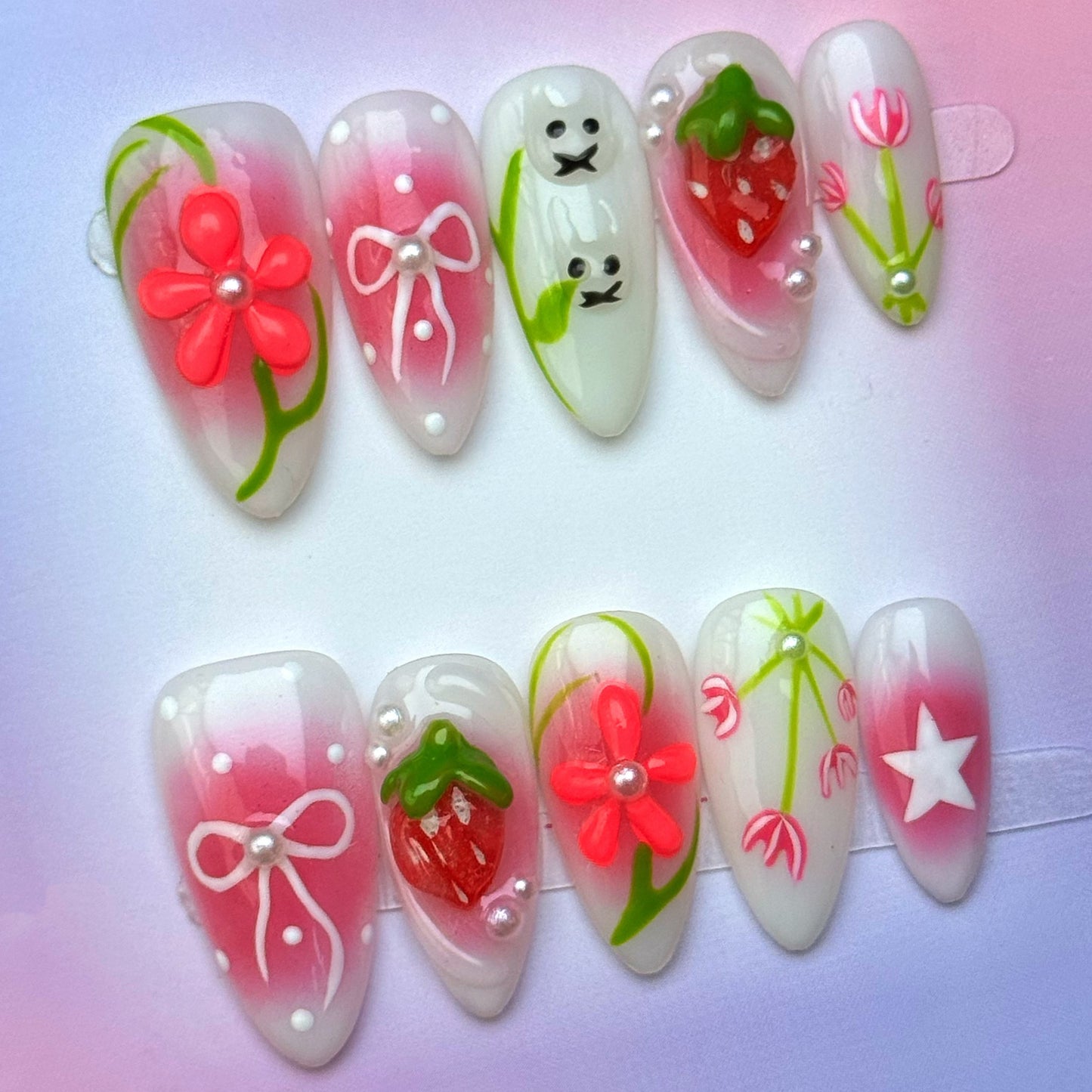 Strawberry Garden Pink Floral Press-On Nails | 3D Fruit & Flower Nails