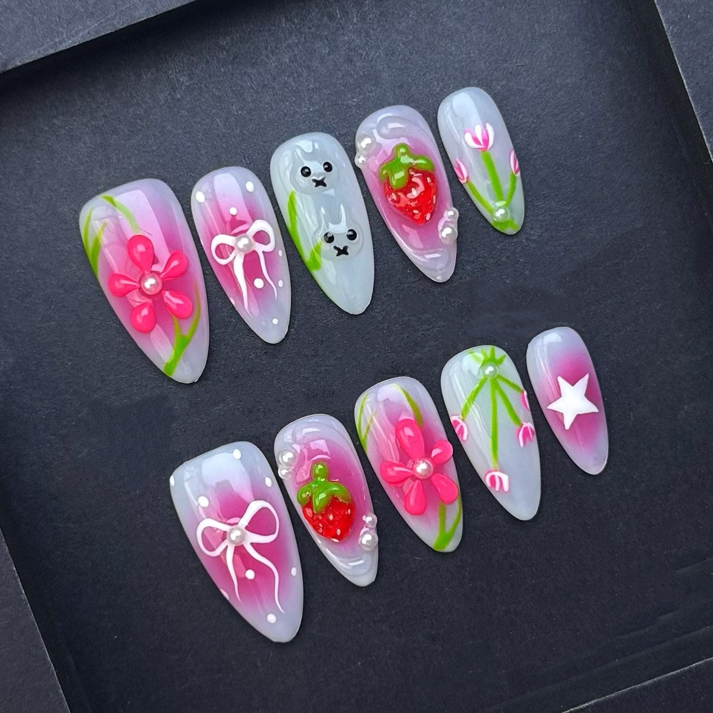 Strawberry Garden Pink Floral Press-On Nails | 3D Fruit & Flower Nails