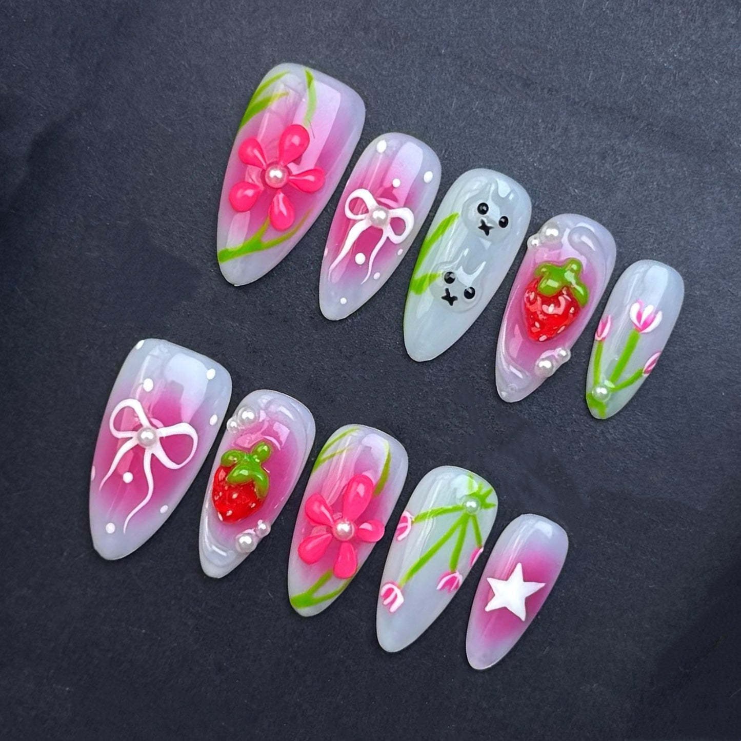 Strawberry Garden Pink Floral Press-On Nails | 3D Fruit & Flower Nails