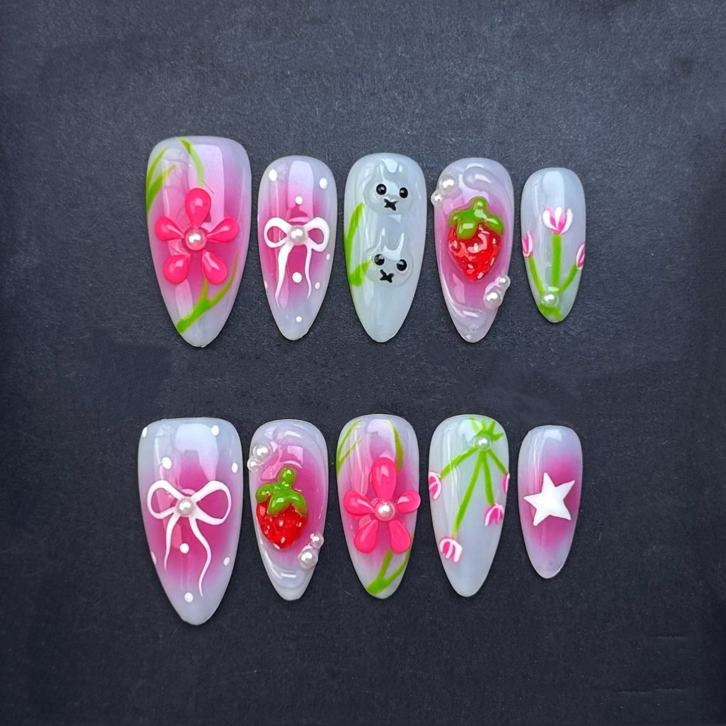 Strawberry Garden Pink Floral Press-On Nails | 3D Fruit & Flower Nails