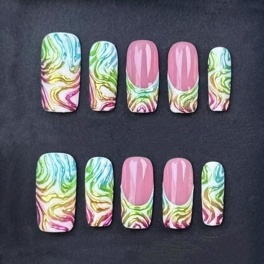 Pink & Brown Press On Nails – 3D Flowers with Gold Charms, Bows & Roses | Handmade Square Luxury Reusable Nail Set | Romantic Glam