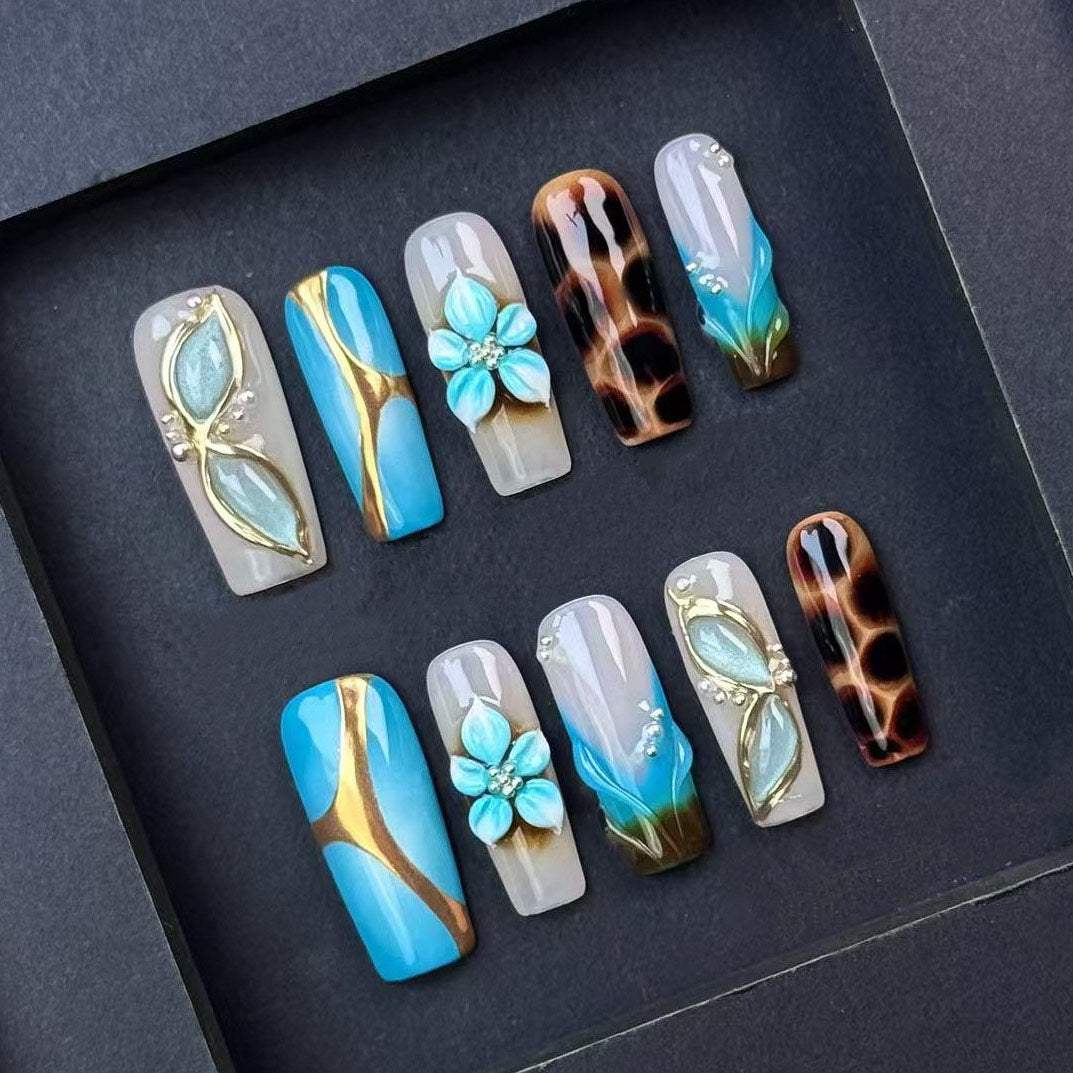 Blue & Gold Floral 3D Press On Nails – Handmade Long Square with Tortoise Shell & Ombre Tips, Luxury Matte Gloss Finish