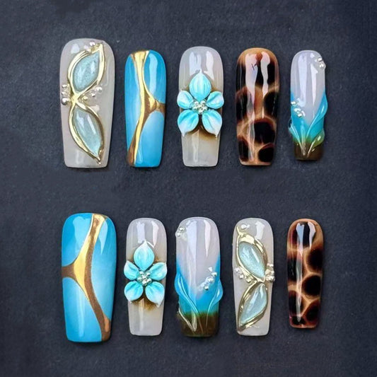 Blue & Gold Floral 3D Press On Nails – Handmade Long Square with Tortoise Shell & Ombre Tips, Luxury Matte Gloss Finish