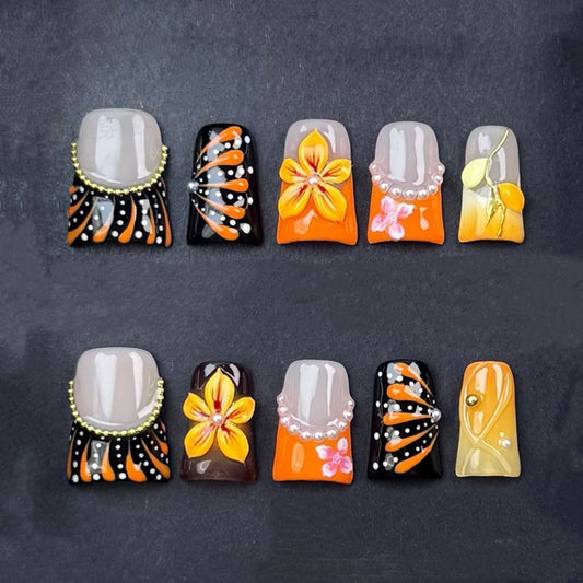 Orange & Black Press On Nails – Handmade Floral with Pearls & Abstract Patterns | Square Luxury Reusable Nail Set for Fall & Parties