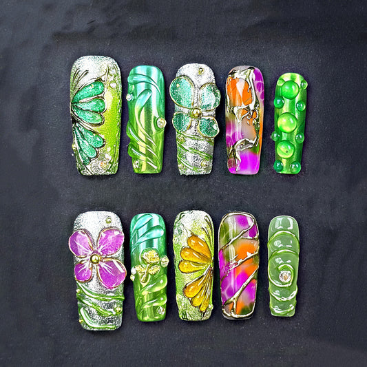 Bold Green & Floral Press On Nails – 3D Butterfly, Flowers & Abstract Art | Handmade Extra Long Luxury Reusable Festival Nail Set