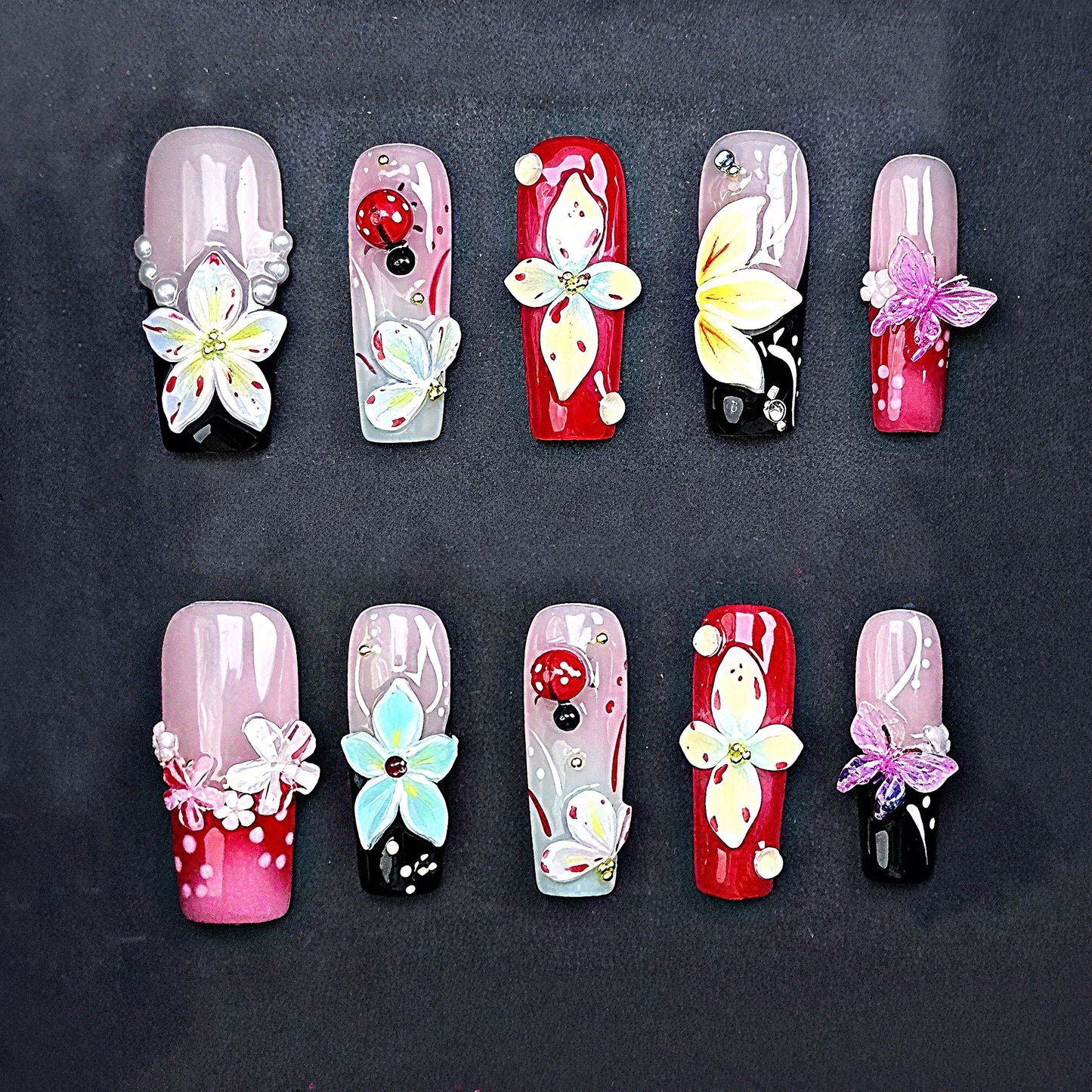 3D Floral Butterfly Press On Nails – Red, Pink & Black with Pearls & Rhinestones | Handmade Luxury Reusable Nail Set | Spring Summer