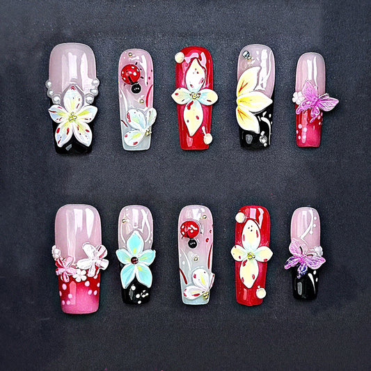 3D Floral Butterfly Press On Nails – Red, Pink & Black with Pearls & Rhinestones | Handmade Luxury Reusable Nail Set | Spring Summer