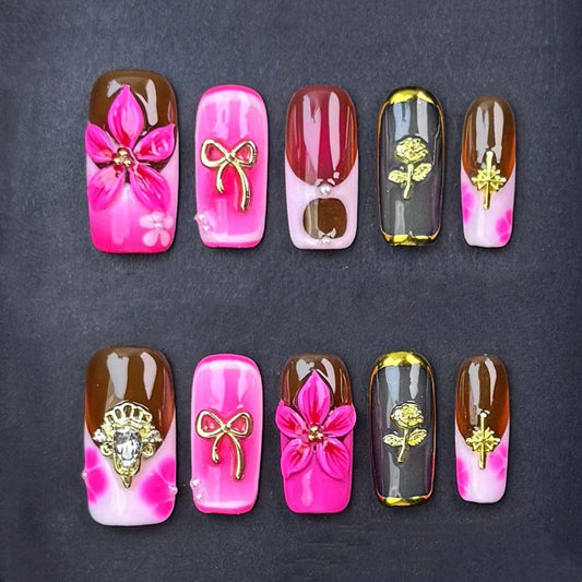 Pink & Brown Press On Nails – 3D Flowers with Gold Charms, Bows & Roses | Handmade Square Luxury Reusable Nail Set | Romantic Glam