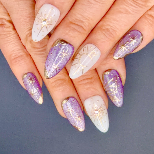 Lavender Celestial Moon & Star Press-On Nails | Purple Shimmer Nails