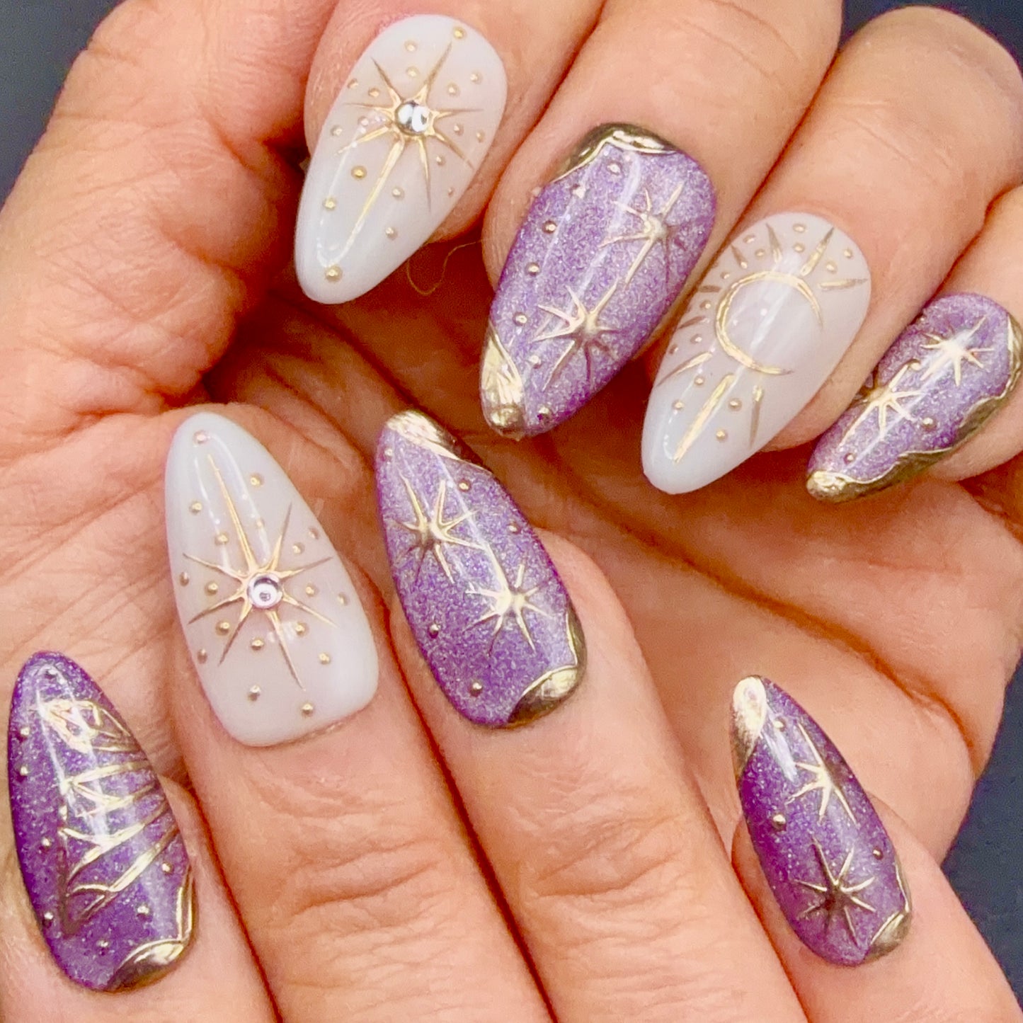 Lavender Celestial Moon & Star Press-On Nails | Purple Shimmer Nails