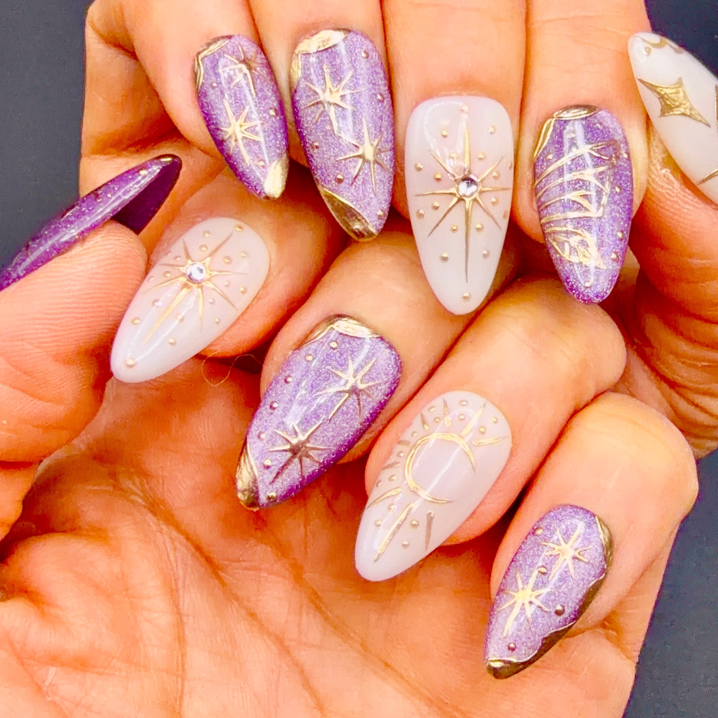 Lavender Celestial Moon & Star Press-On Nails | Purple Shimmer Nails