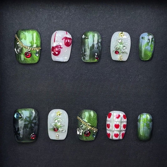 🎄 Emerald Glow Christmas Press-On Nails | 3D Tree, Cherry & Gold Chain Holiday Nail Art | Clawsdecor Handmade Festive Set