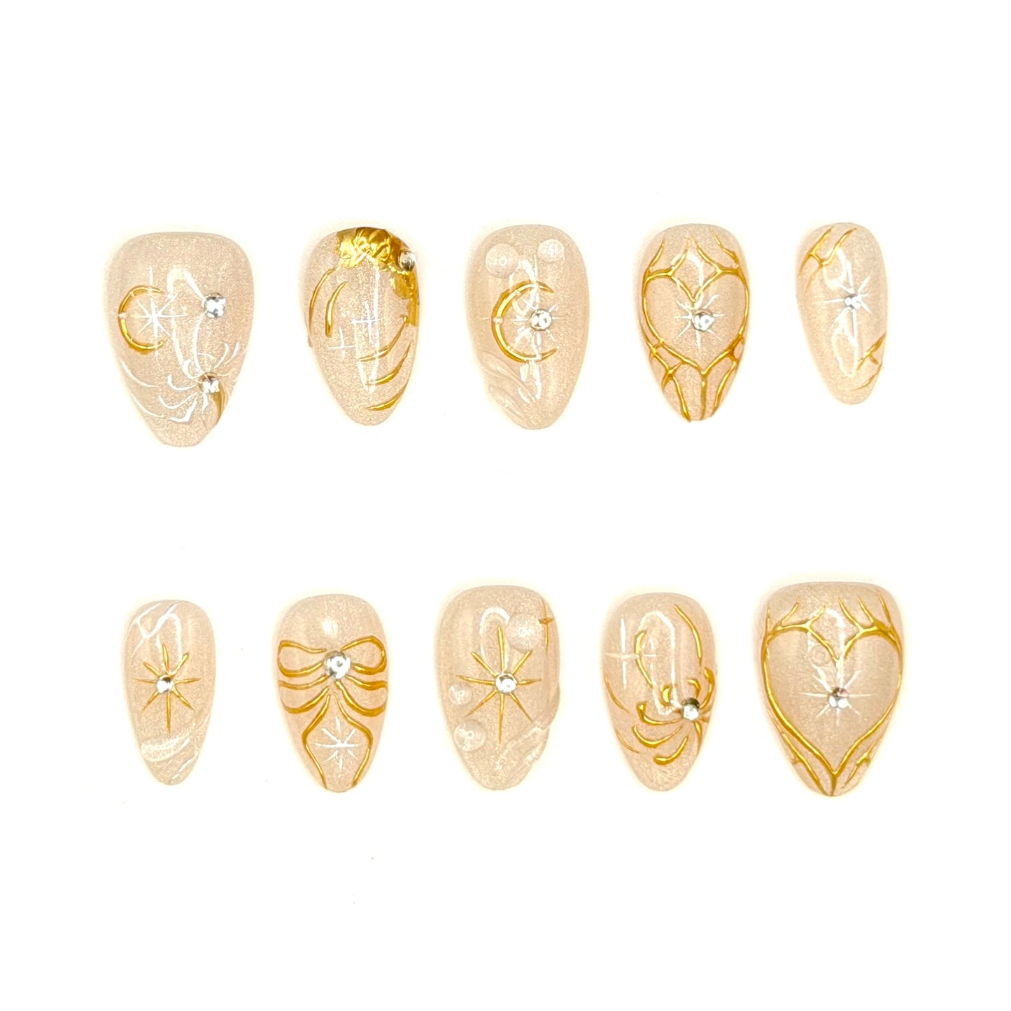 Celestial Gold Star & Moon Press-On Nails | Shimmer Almond Nails