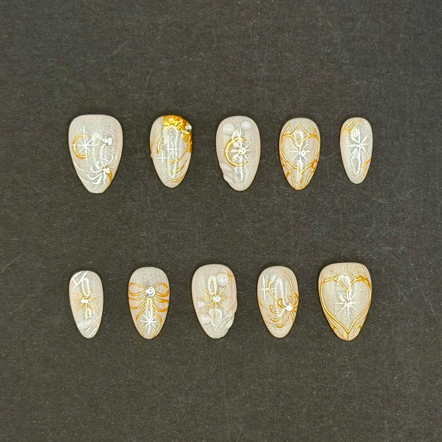 Celestial Gold Star & Moon Press-On Nails | Shimmer Almond Nails