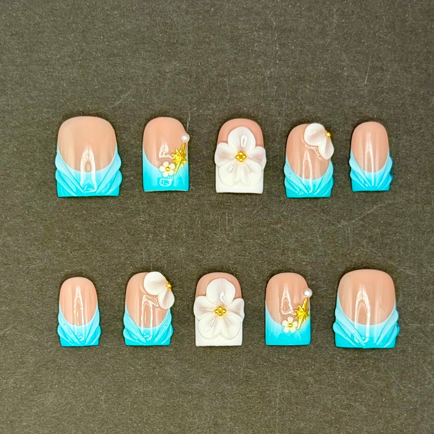 Tropical Aqua 3D Flower French Tip Press-On Nails | Turquoise Square Nails