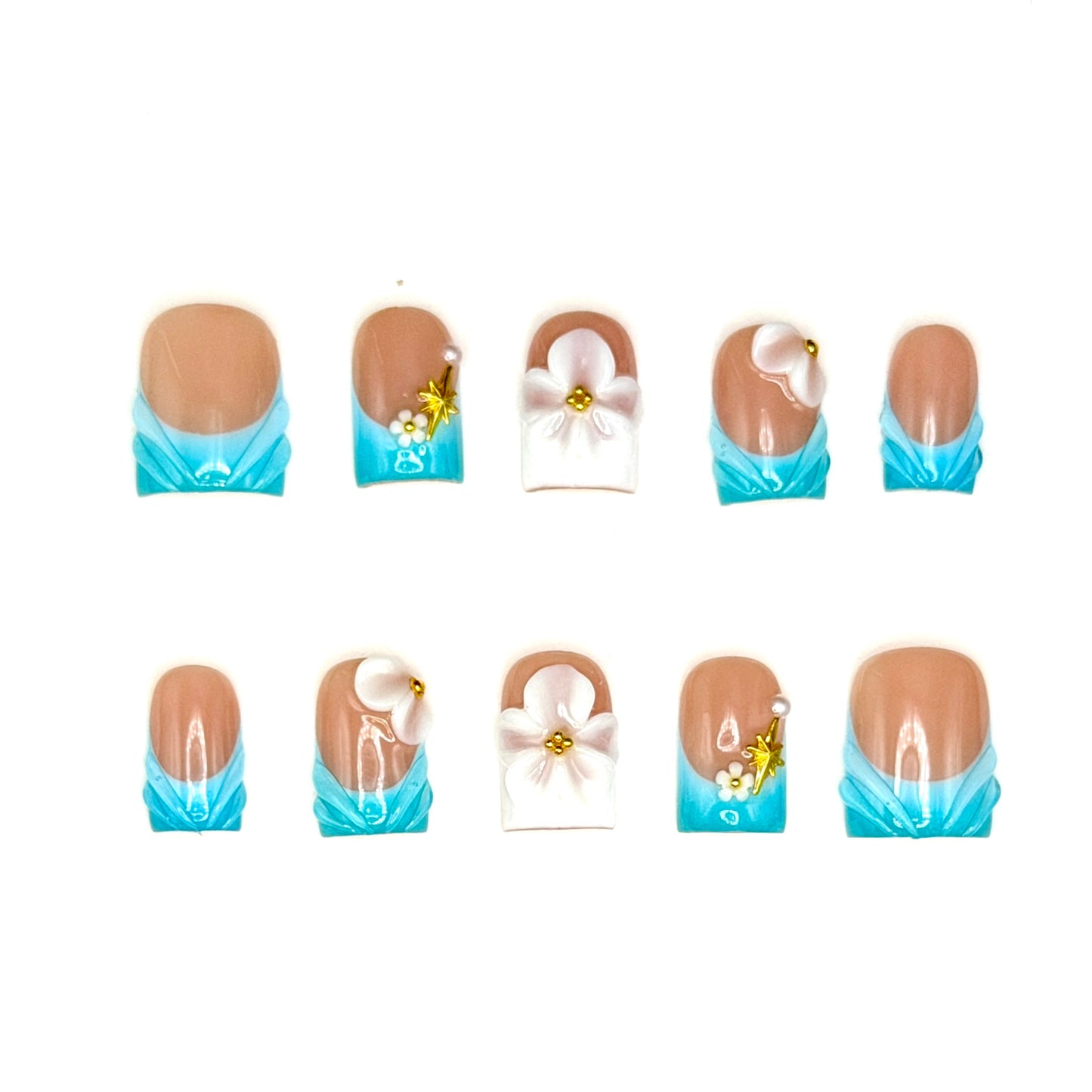 Tropical Aqua 3D Flower French Tip Press-On Nails | Turquoise Square Nails