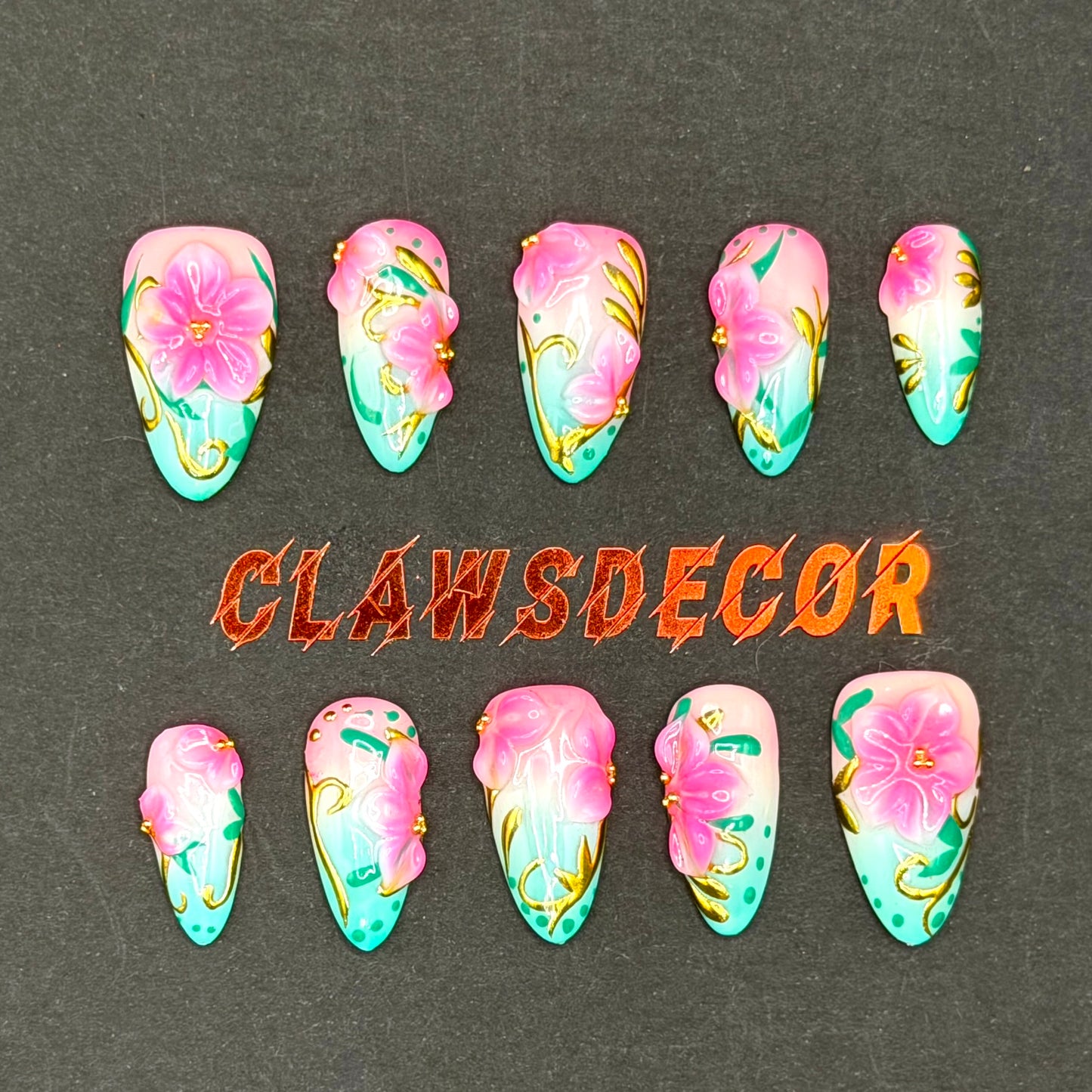 Tropical Blossom Pink & Aqua 3D Floral Press-On Nails