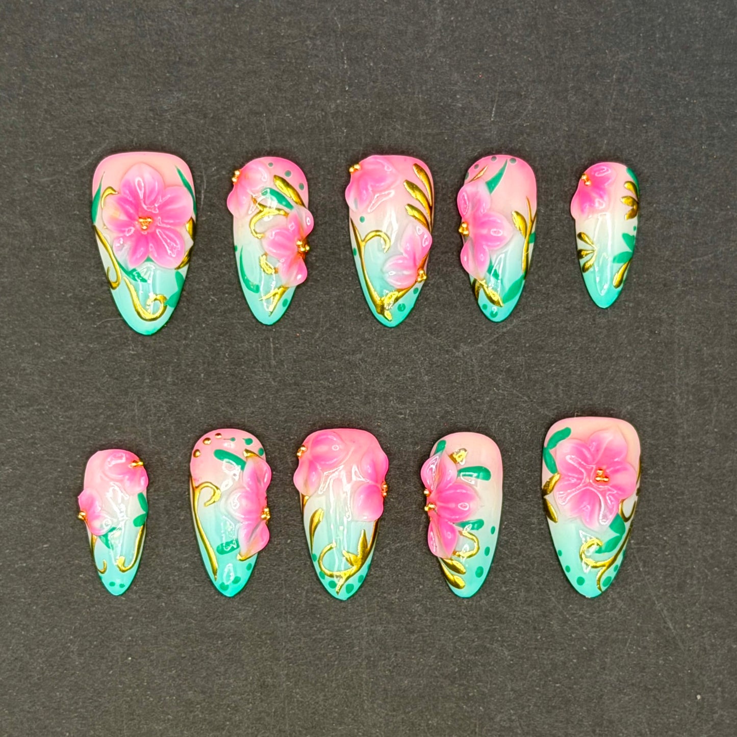 Tropical Blossom Pink & Aqua 3D Floral Press-On Nails