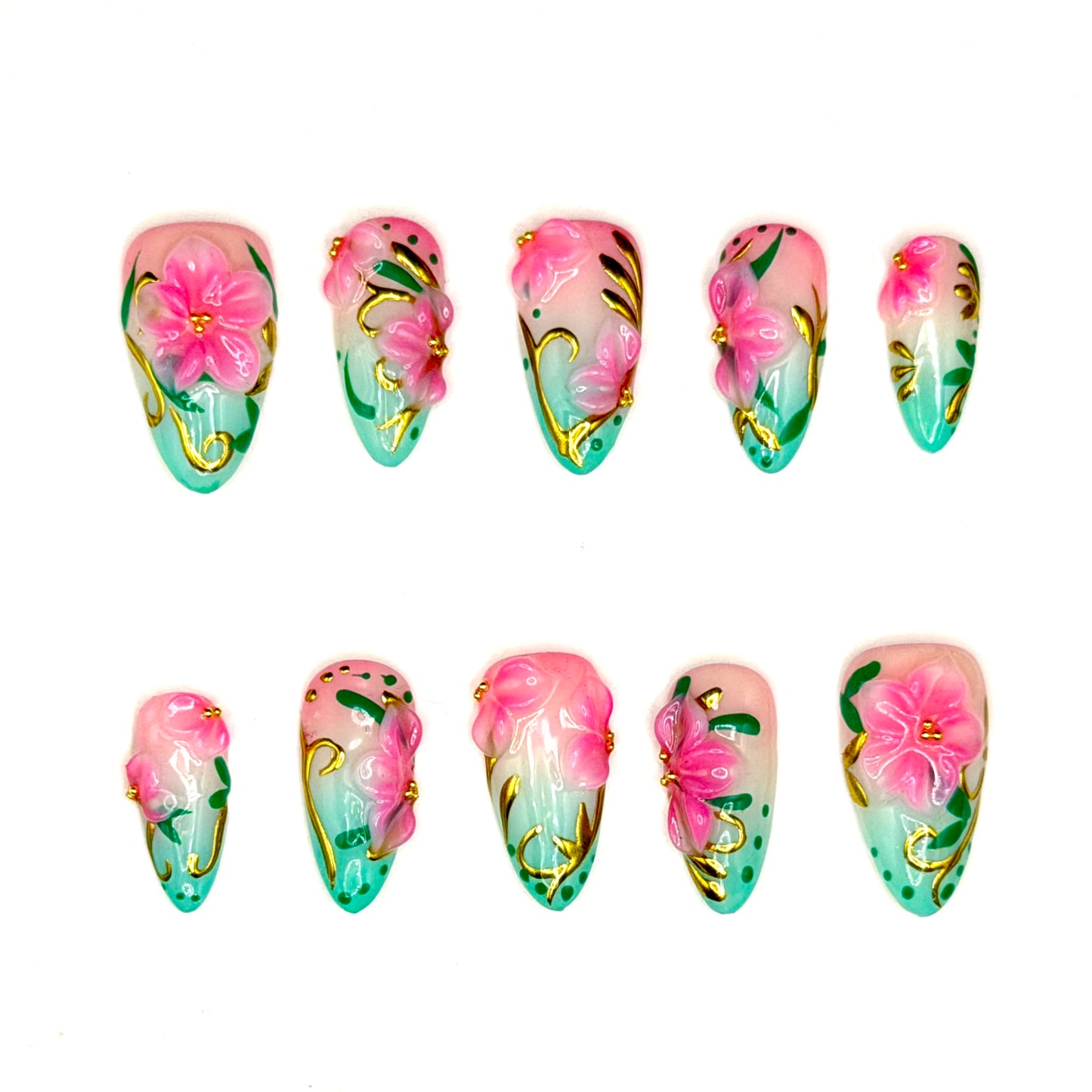 Tropical Blossom Pink & Aqua 3D Floral Press-On Nails